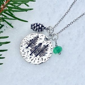 Triple PineTree Necklace Pinecone & Crystal Charm